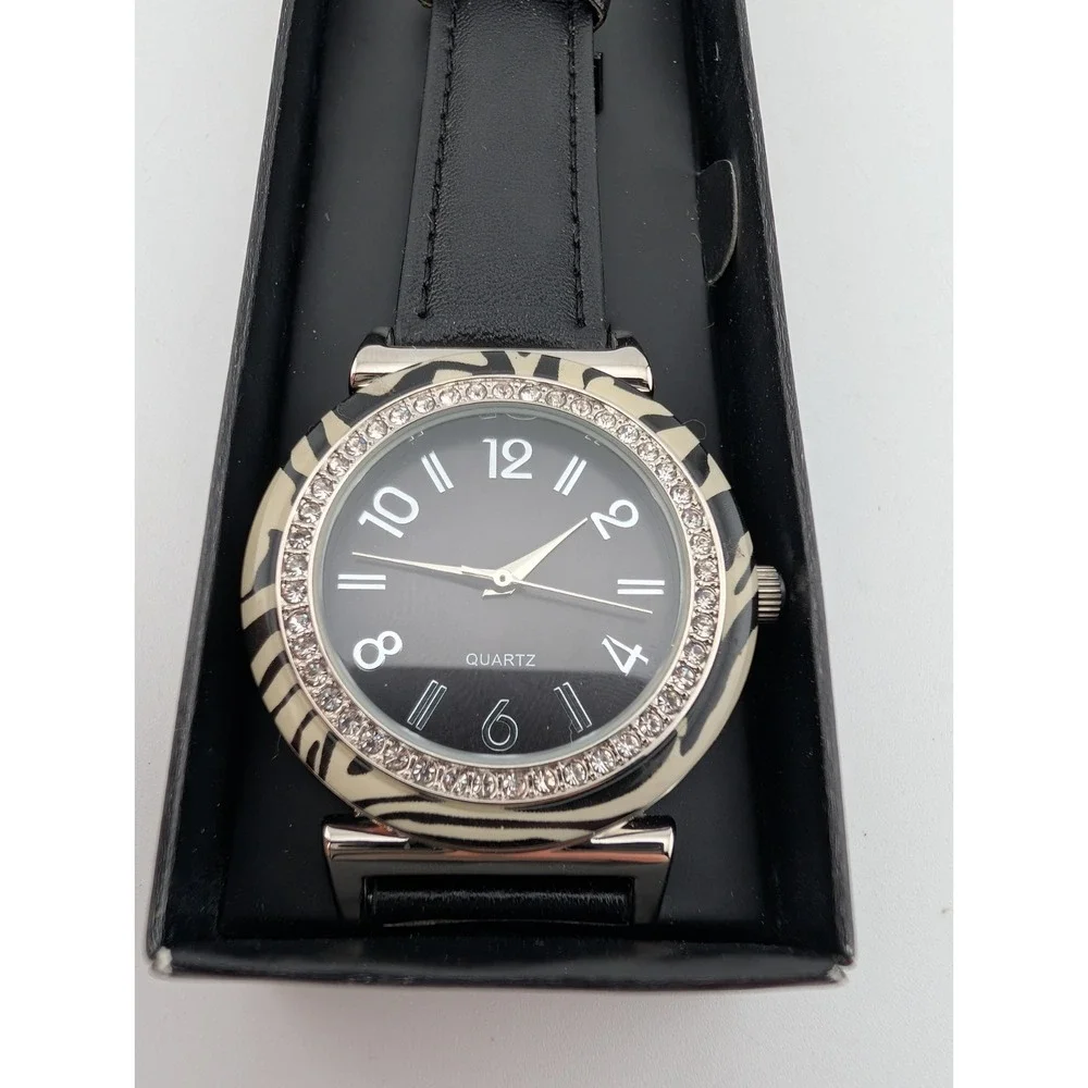 Avon 2015 Animal Print Bezel Watch Black Zebra‎ Leather Band w/ Box- New Battery
